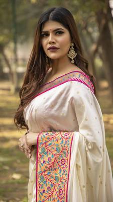White embroidered silk saree with blouse 3