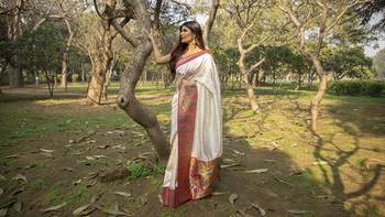 White embroidered silk saree with blouse 4
