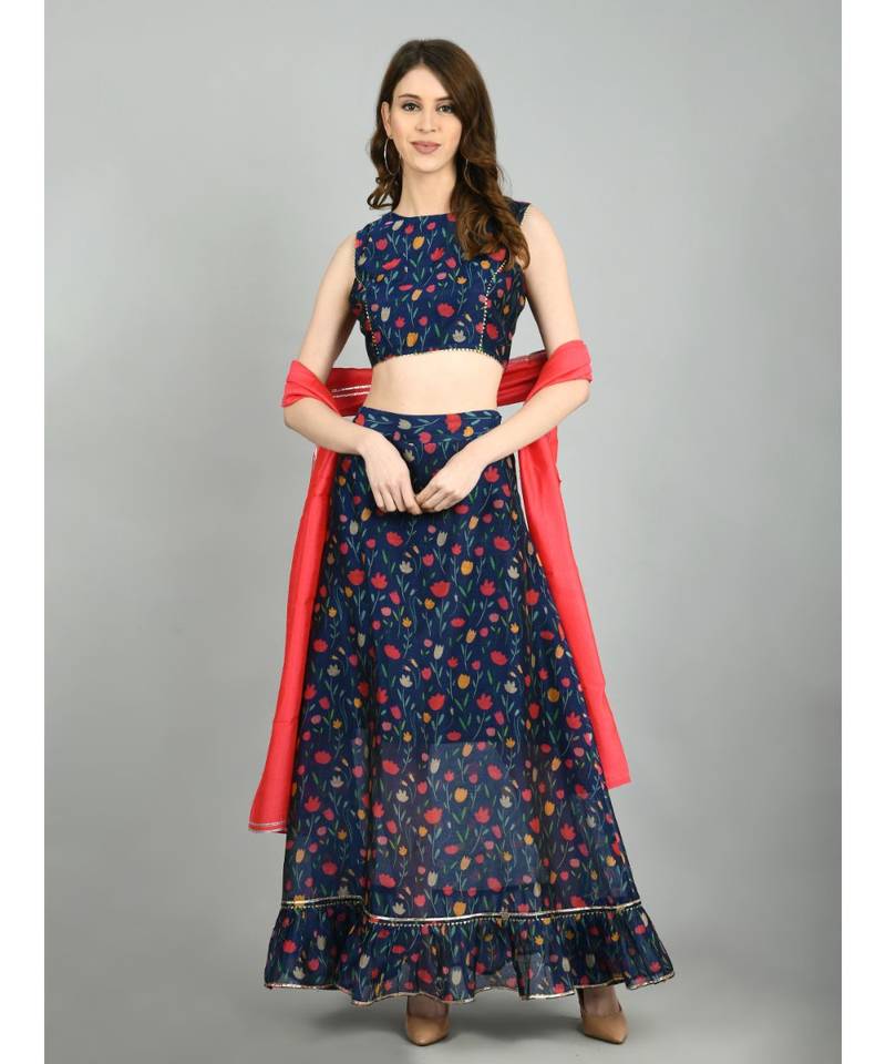 Women Navy Chanderi Floral Red Attached Dupatta Dress main image 0