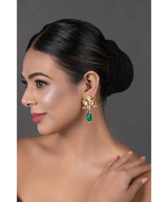 Green Pink  beaded Kundan inspired earrings 1