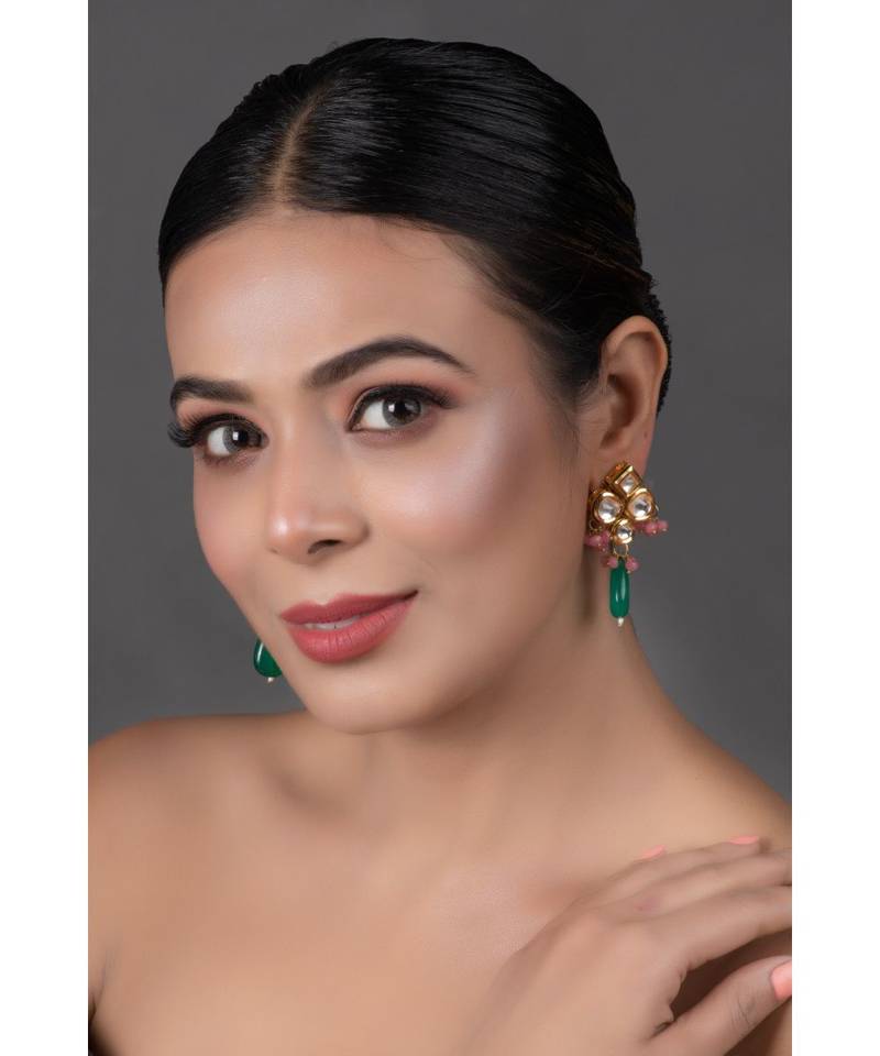 Green Pink  beaded Kundan inspired earrings