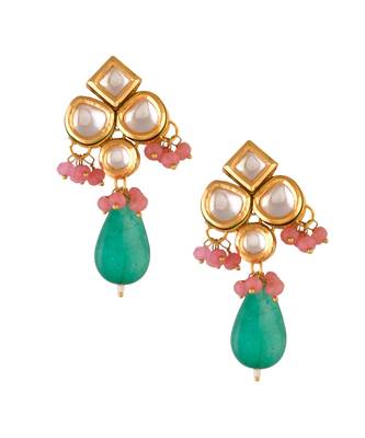 Green Pink  beaded Kundan inspired earrings 3