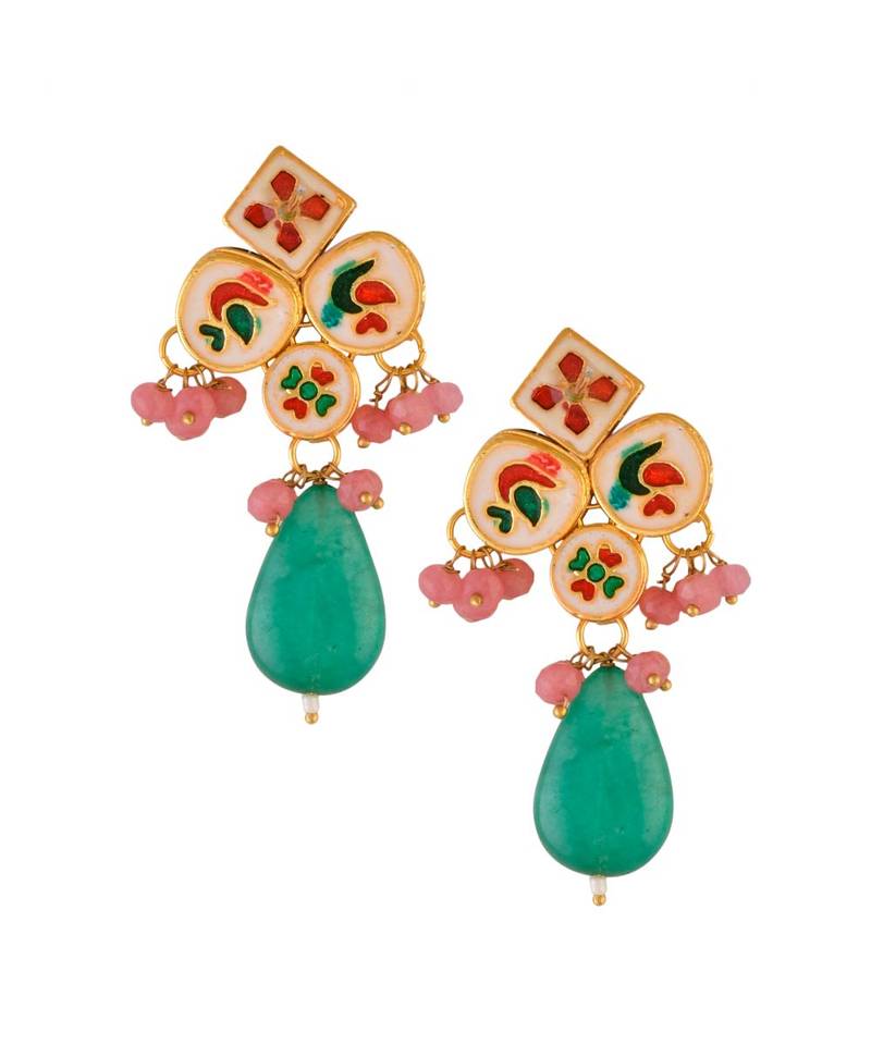 Green Pink  beaded Kundan inspired earrings