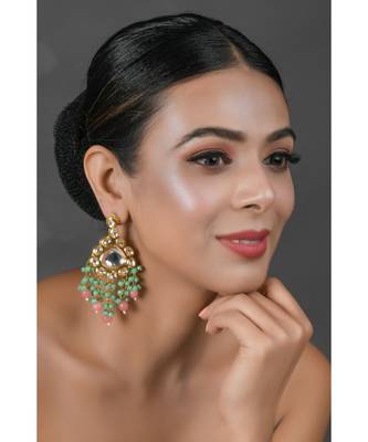 Green pink beaded Handcrafted Kundan earrings 1