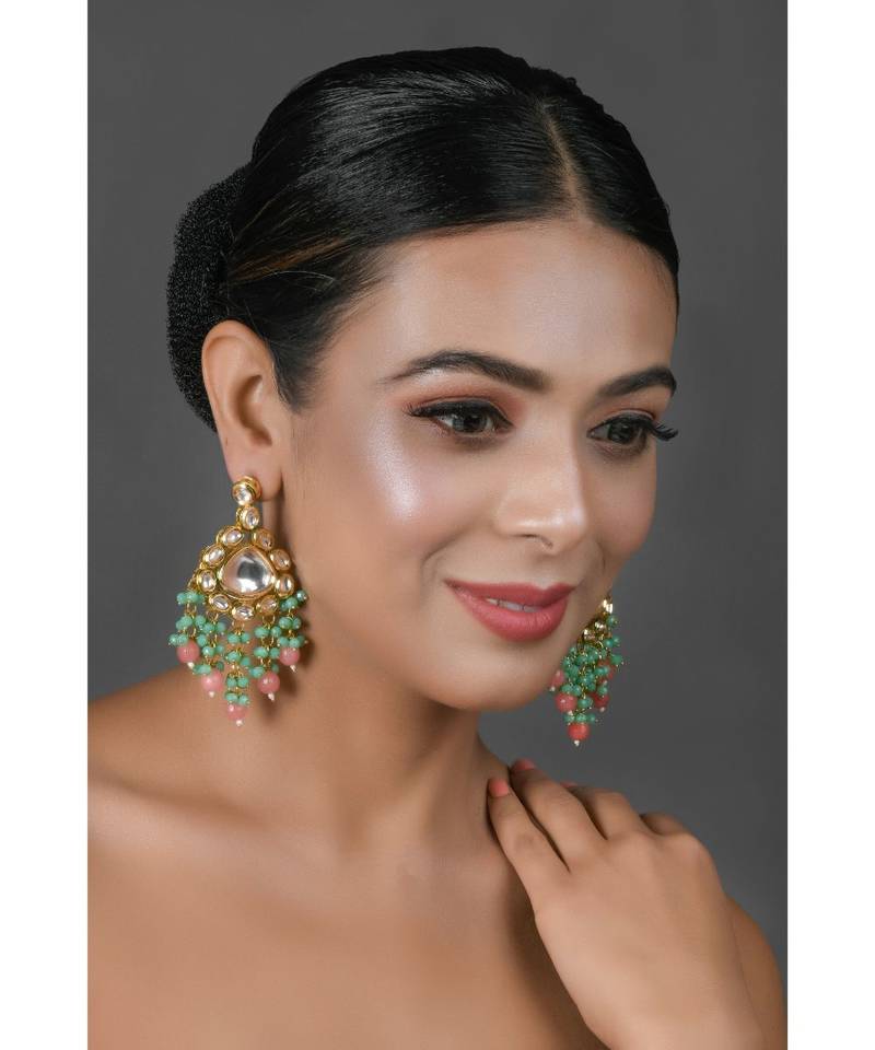 Green pink beaded Handcrafted Kundan earrings