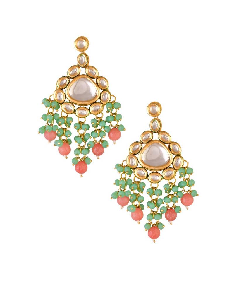 Green pink beaded Handcrafted Kundan earrings