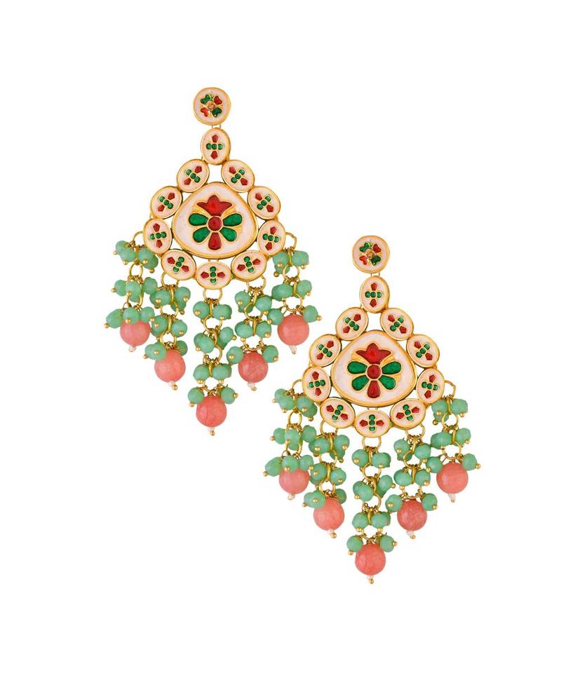 Green pink beaded Handcrafted Kundan earrings