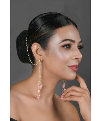 Gold Tone Kundan Inspired Pearl Tassel Earrings with Hair Chain 1