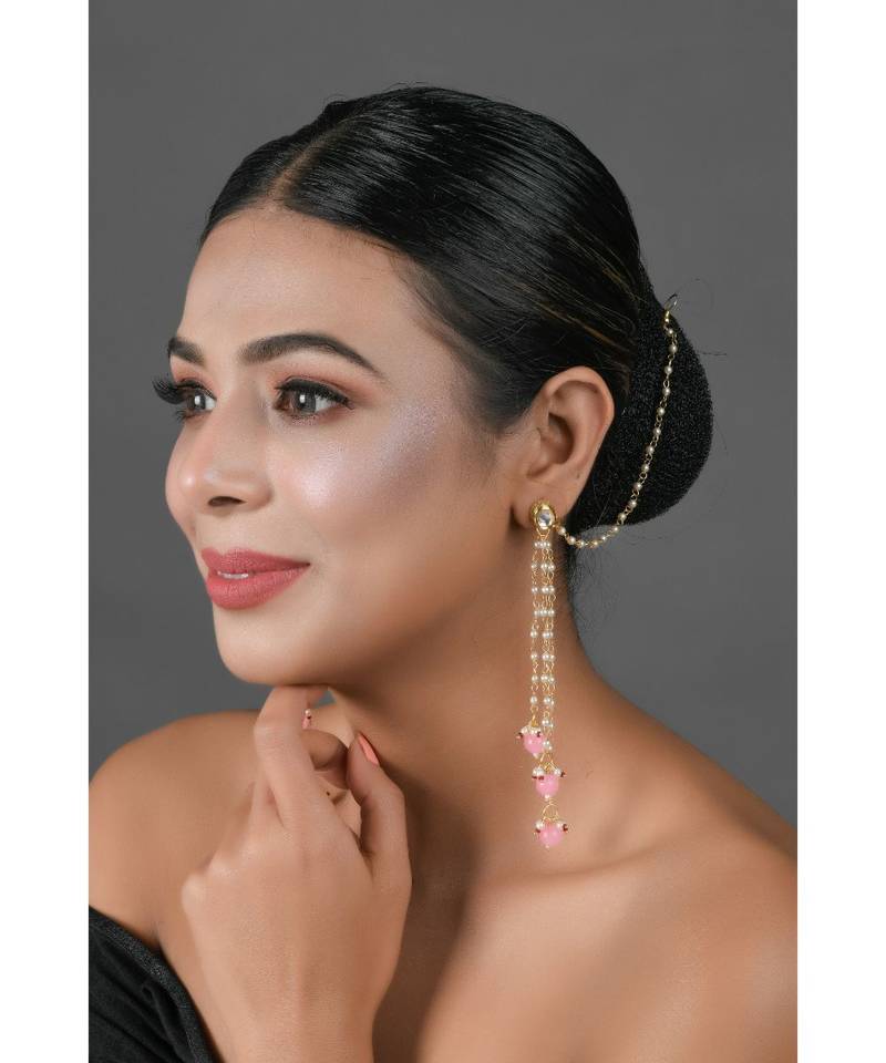 Gold Tone Kundan Inspired Pearl Tassel Earrings with Hair Chain