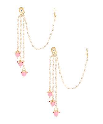 Gold Tone Kundan Inspired Pearl Tassel Earrings with Hair Chain 3