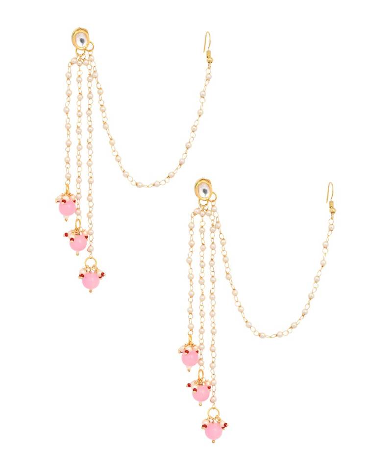 Gold Tone Kundan Inspired Pearl Tassel Earrings with Hair Chain