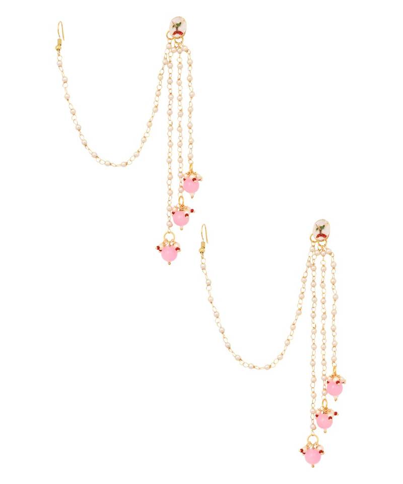 Gold Tone Kundan Inspired Pearl Tassel Earrings with Hair Chain