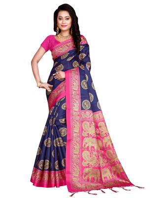 Navy Blue Art Silk Printed Traditional Saree 1