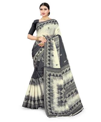 Grey & White Cotton SIlk Printed Daily Wear Saree 1