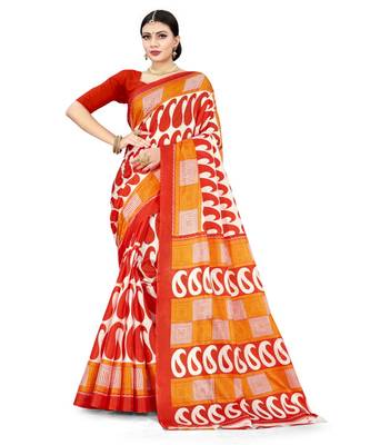 Red & White Cotton SIlk Printed Daily Wear Saree 1