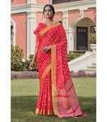 Peach Handloom Silk Woven Work Traditional Tassle Saree