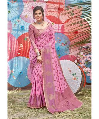Pink Cotton Handloom Woven Work Traditional Saree 1