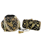 Shoptory India Women's Tulle Velvet Handcrafted Embroidered Wedding Clutch with Embroidered Potli Combo - Black