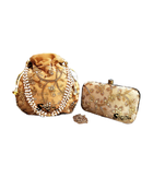 Shoptory India Women's Tulle Velvet Handcrafted Embroidered Wedding Clutch with Velvet Embroidered Potli Combo - Gold