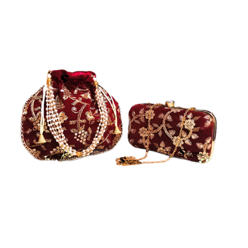 Shoptory India Women's Tulle Velvet Handcrafted Embroidered Wedding Clutch with Velvet Embroidered Potli Combo - Maroon 1