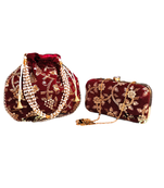 Shoptory India Women's Tulle Velvet Handcrafted Embroidered Wedding Clutch with Velvet Embroidered Potli Combo - Maroon