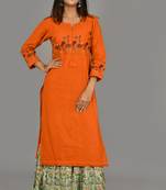 Orange Embroidered Cotton Stitched Kurta Sharara Set