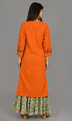 Orange Embroidered Cotton Stitched Kurta Sharara Set 2