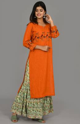 Orange Embroidered Cotton Stitched Kurta Sharara Set 3