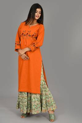 Orange Embroidered Cotton Stitched Kurta Sharara Set 4
