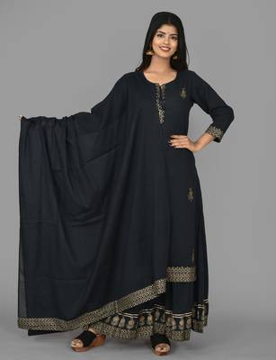 Blue Printed Cotton Stitched Kurta Sharara Dupatta Set 1