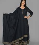 Blue Printed Cotton Stitched Kurta Sharara Dupatta Set