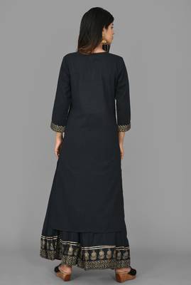Blue Printed Cotton Stitched Kurta Sharara Dupatta Set 2