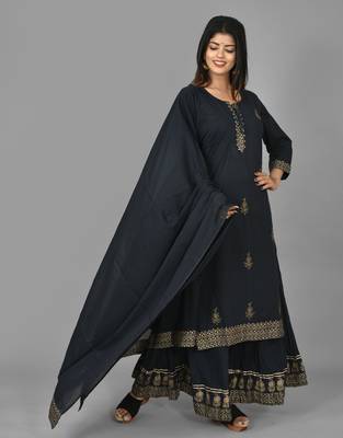 Blue Printed Cotton Stitched Kurta Sharara Dupatta Set 3