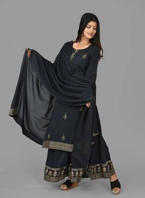 Blue Printed Cotton Stitched Kurta Sharara Dupatta Set 4
