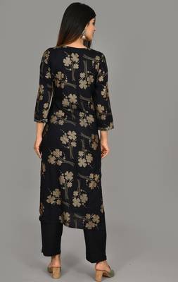 Black Printed Cotton Stitched Kurta Pant Set 2