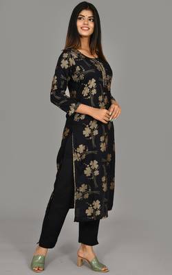 Black Printed Cotton Stitched Kurta Pant Set 3