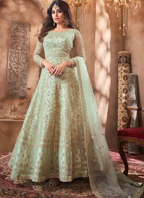  Shamita Shetty Mint Green Golden Embroidery Wedding Anarkali Suit 1