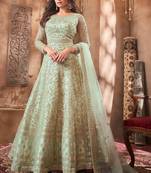  Shamita Shetty Mint Green Golden Embroidery Wedding Anarkali Suit