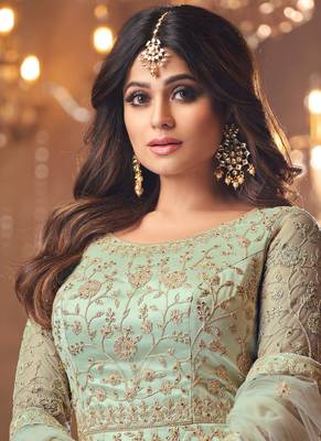 Shamita Shetty Mint Green Golden Embroidery Wedding Anarkali Suit 2