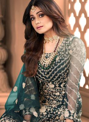  Shamita Shetty Dark Green Embroidery Anarkali Suit 2