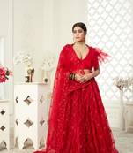 Red embroidered net semi stitched lehenga