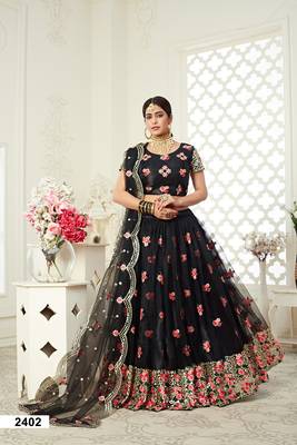 Black embroidered net semi stitched lehenga 1