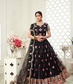 Black embroidered net semi stitched lehenga