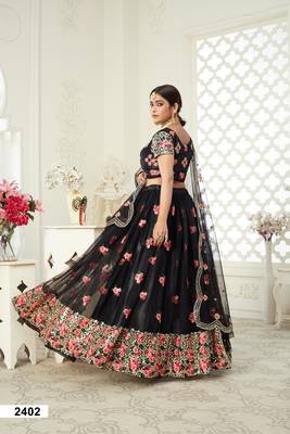 Black embroidered net semi stitched lehenga 2