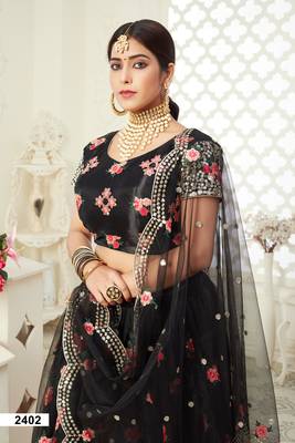 Black embroidered net semi stitched lehenga 3