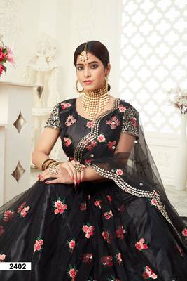 Black embroidered net semi stitched lehenga 4