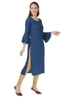 Blue Rayon Bell Sleeve Kurti 4