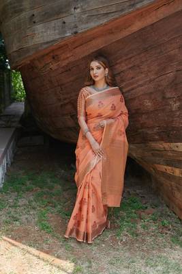 Peach printed linen saree with blouse 1