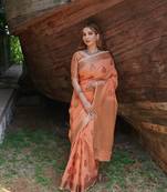 Peach printed linen saree with blouse