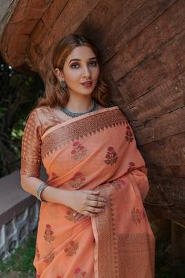 Peach printed linen saree with blouse 3